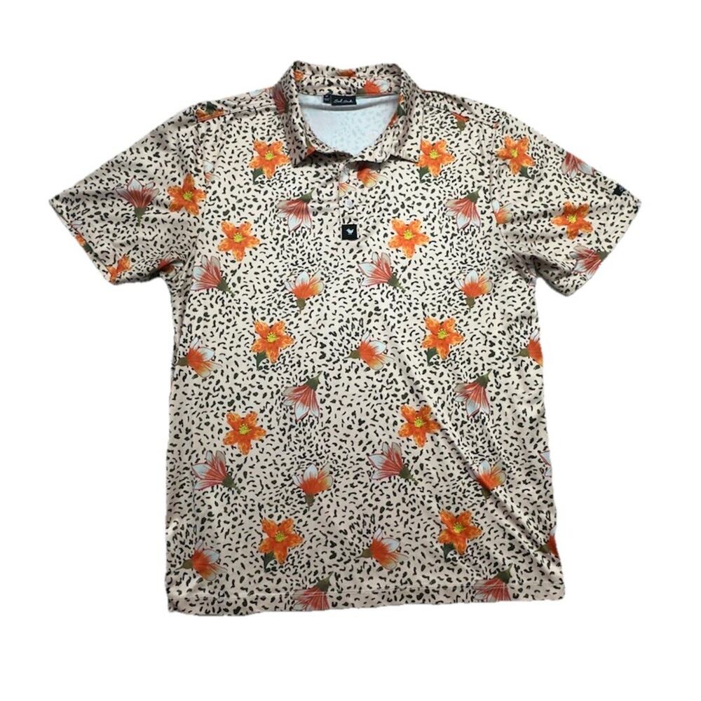 Bad Birdie Polo Mens Size M Orange Hibiscus Animal Print Collared Short Sleeve